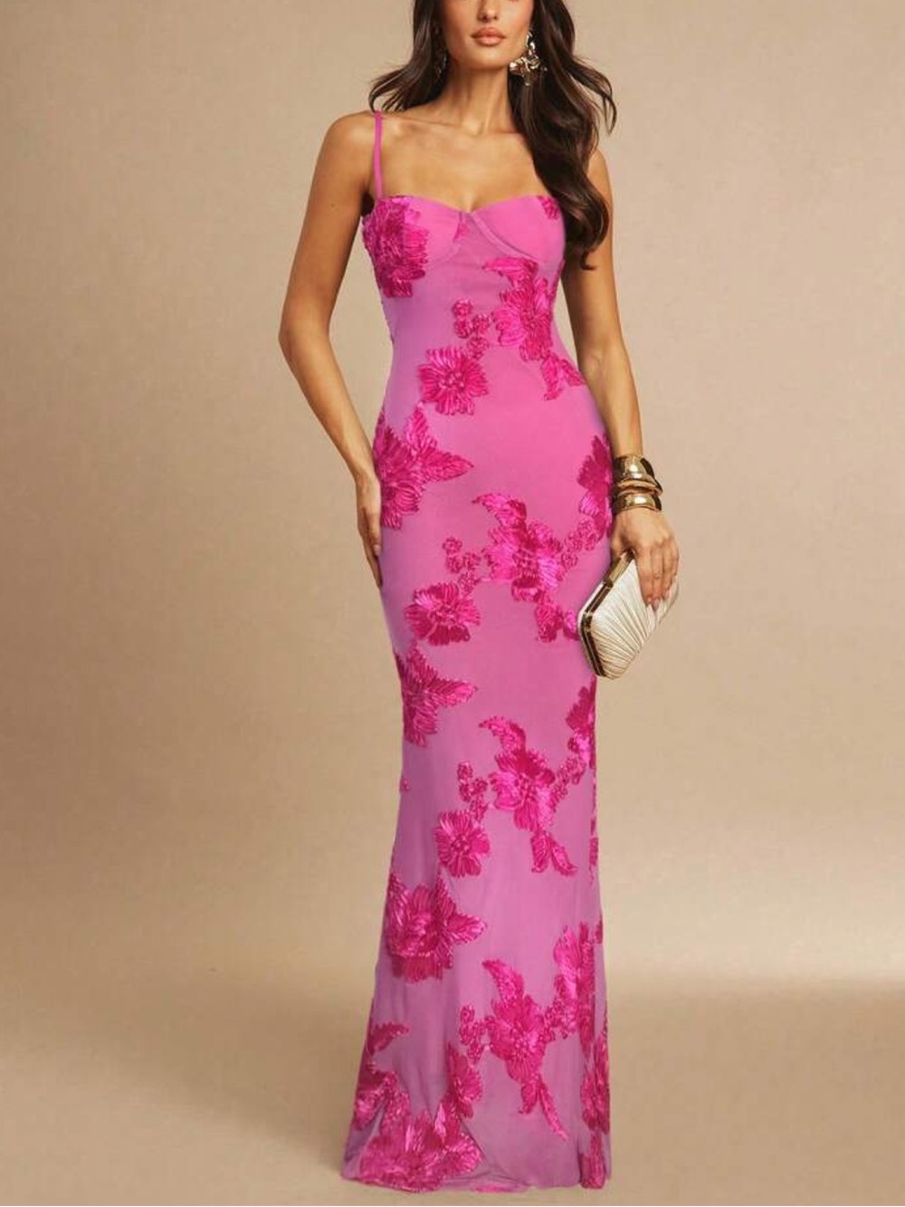 Luxe Hot Pink Spaghetti Straps Fitted Party Formal Evening Gown Deess